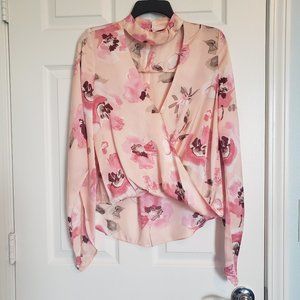 Akira Black Label Satin Floral Crop Top Sz M Bell Sleeve Cottagecore Boho Fairy